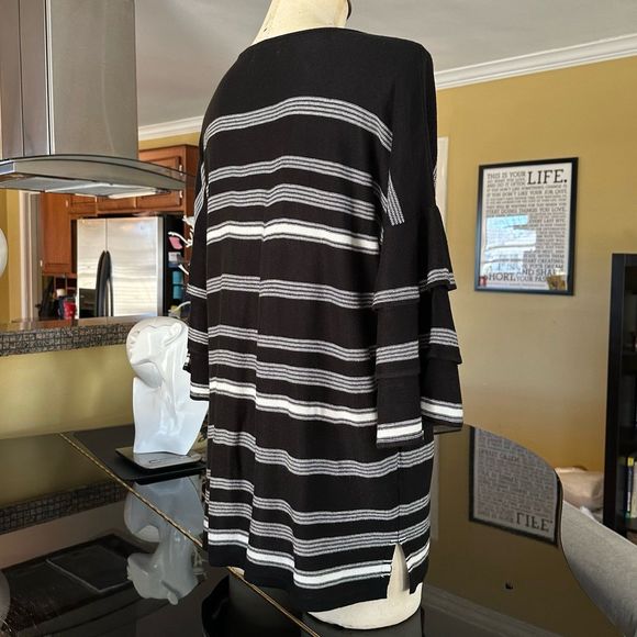 Calvin Klein Black & White Stripe Ruffled Bell Sleeve Scoop Neck Tunic Sweater - Picture 8 of 12
